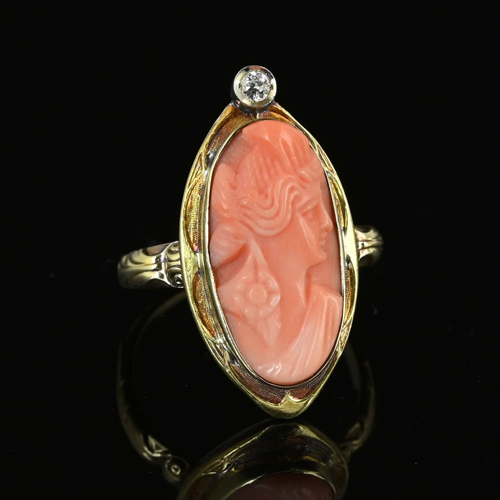 Antique Edwardian Diamond Coral Cameo Ring