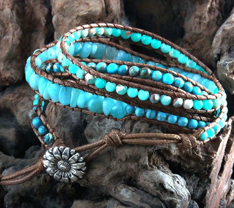 Antique Emperor Stone Bangle - Turquoise Vintage Natural Cut Leather Bracelet