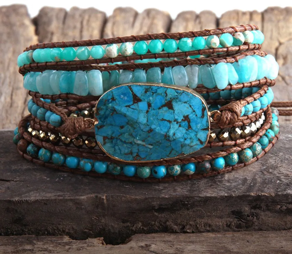 Antique Emperor Stone Bangle - Turquoise Vintage Natural Cut Leather Bracelet