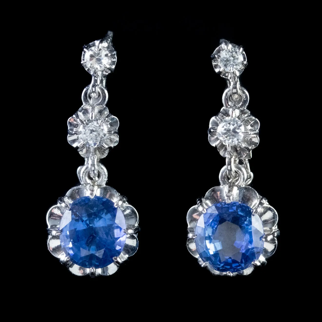 Antique French Sapphire Diamond Drop Earrings Platinum 3.5Ct Sapphire Circa 1915