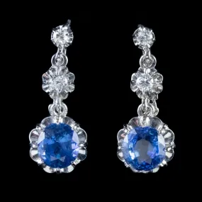 Antique French Sapphire Diamond Drop Earrings Platinum 3.5Ct Sapphire Circa 1915