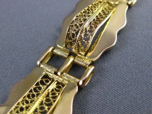 ANTIQUE WIDE 18KT YELLOW GOLD 3D MULTI ROW OPEN FILIGREE LINK BRACELET #22587