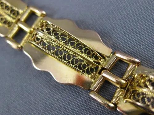 ANTIQUE WIDE 18KT YELLOW GOLD 3D MULTI ROW OPEN FILIGREE LINK BRACELET #22587