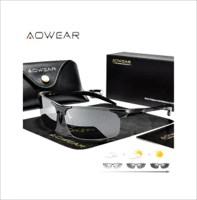 AOWEAR Polarized Photochromic Sunglasses Rimless Chameleon Black Aluminum