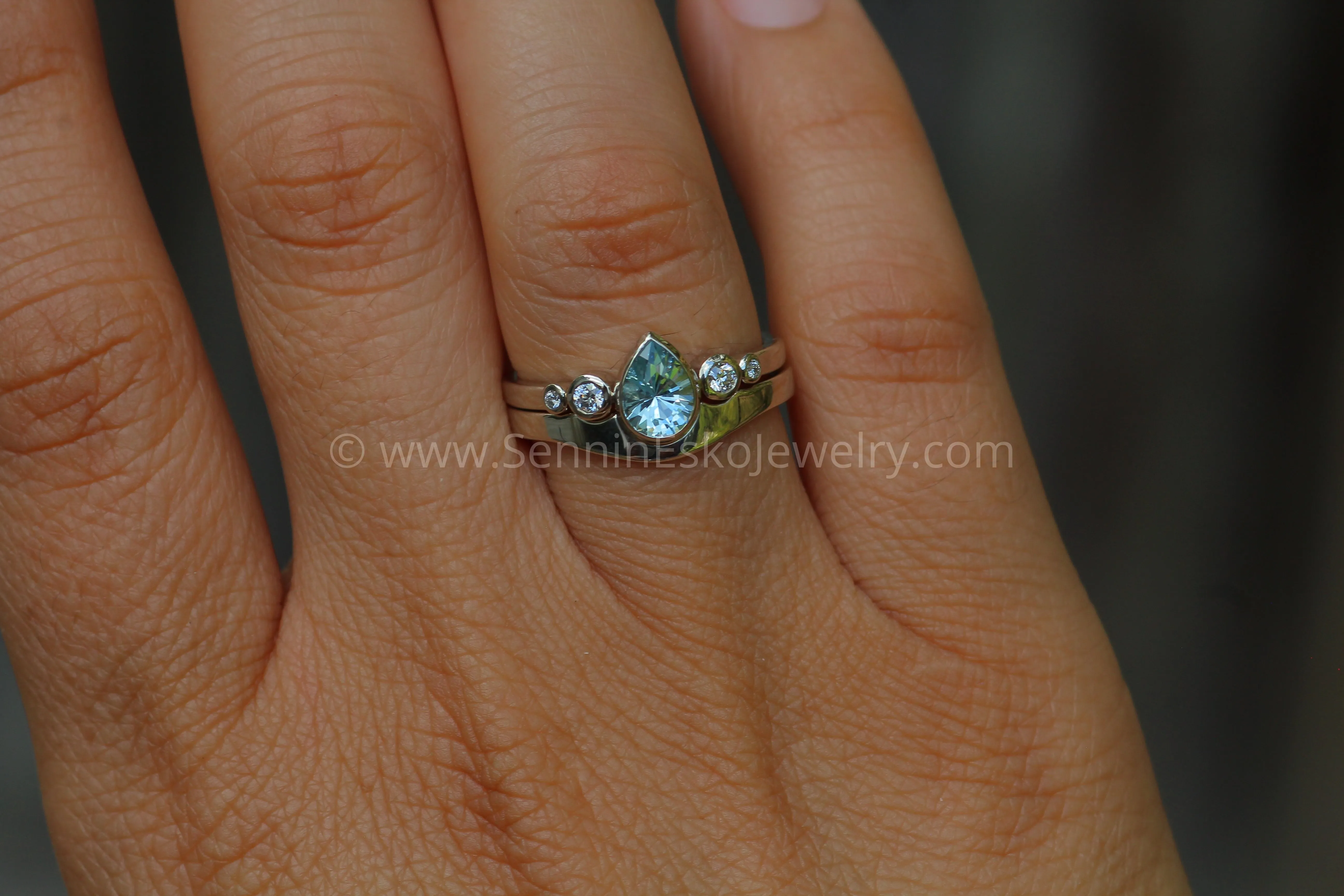 Aquamarine Tear Drop Ring Set with Diamond Accents