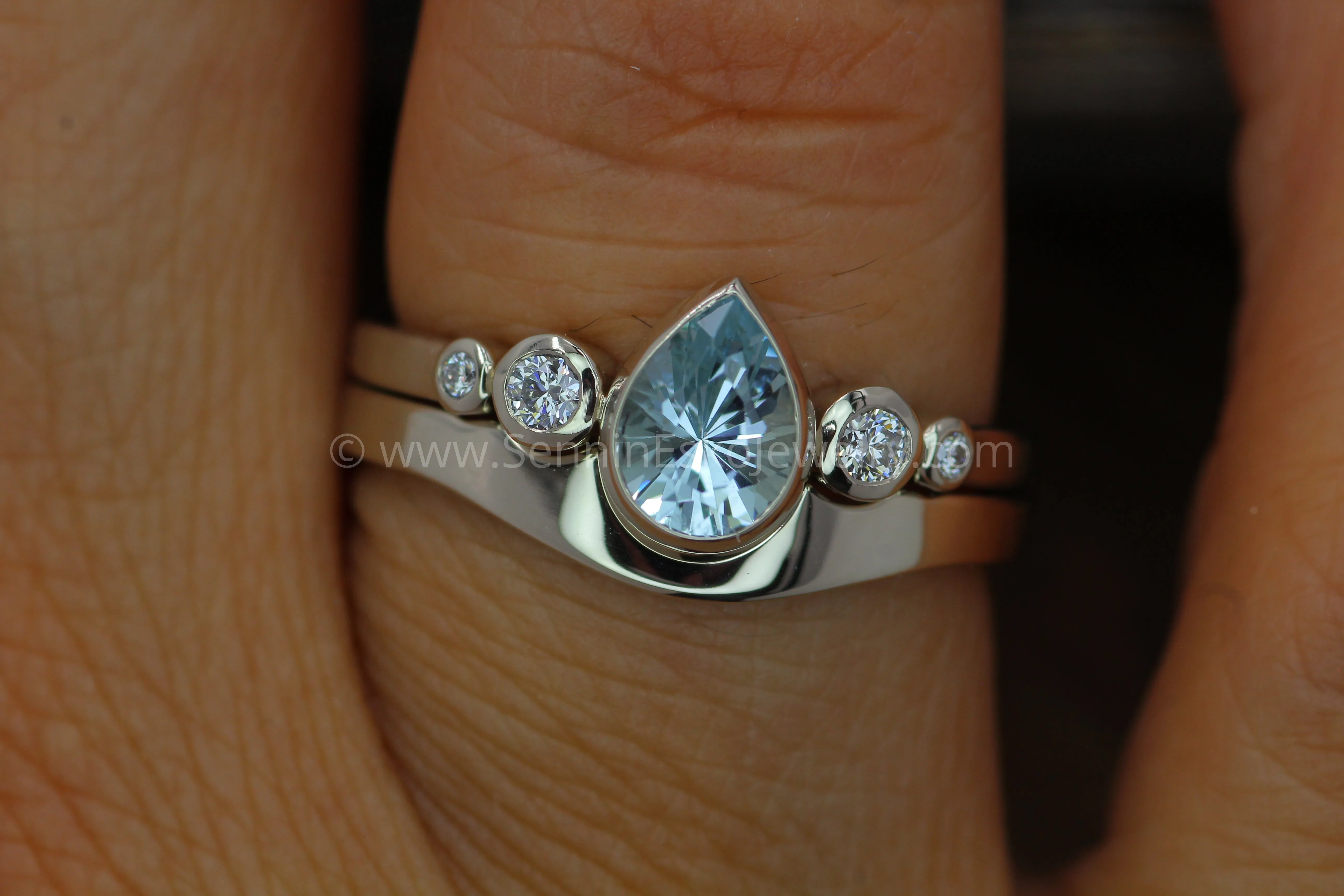 Aquamarine Tear Drop Ring Set with Diamond Accents