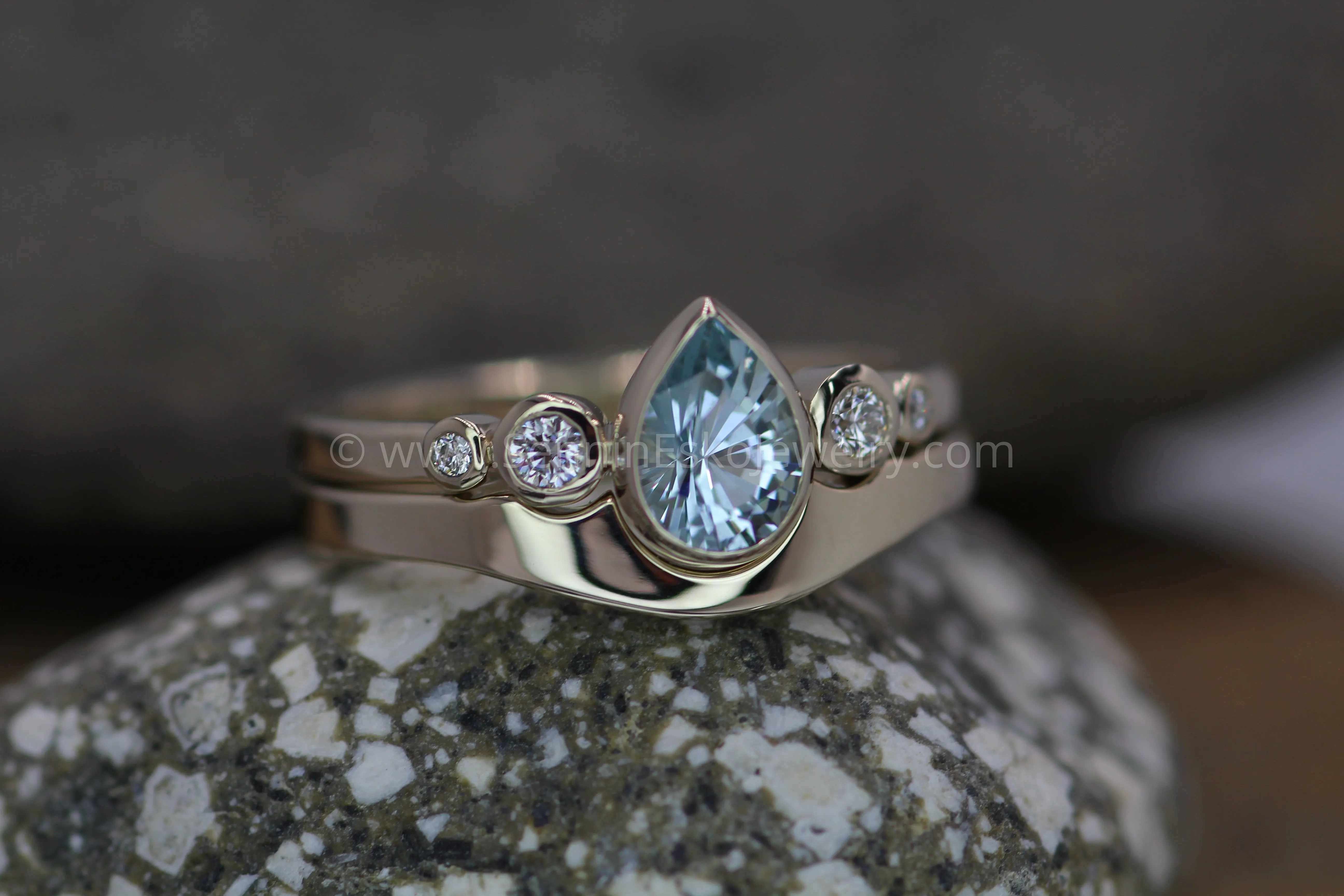 Aquamarine Tear Drop Ring Set with Diamond Accents