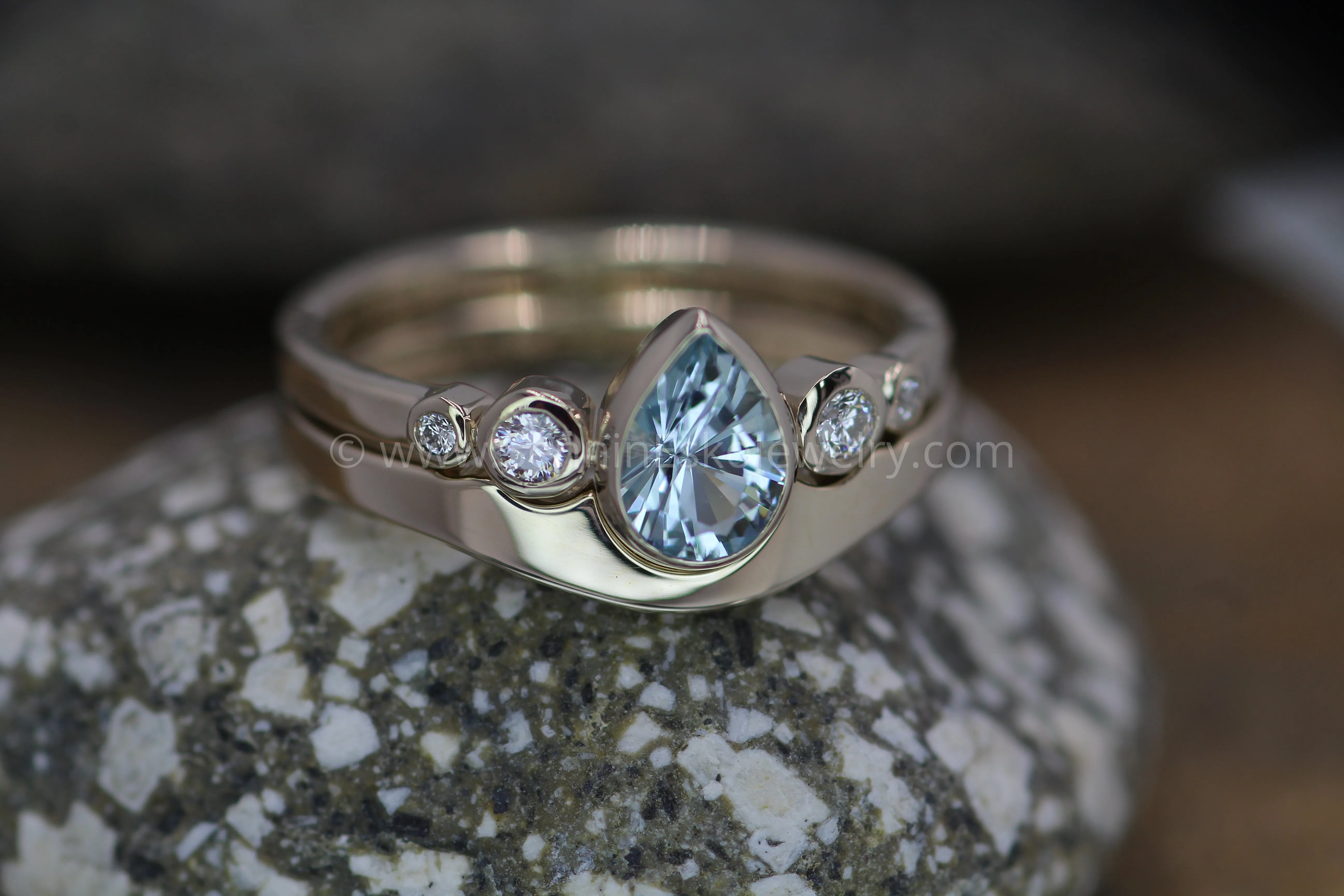 Aquamarine Tear Drop Ring Set with Diamond Accents