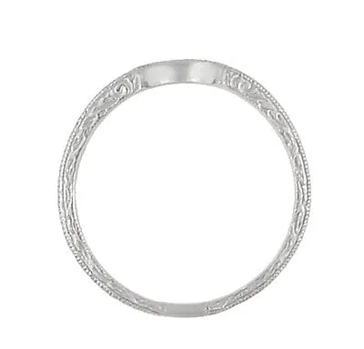 Art Deco Scrolls Engraved Curved Wedding Band in Platinum