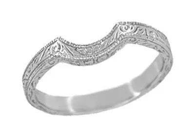 Art Deco Scrolls Engraved Curved Wedding Band in Platinum