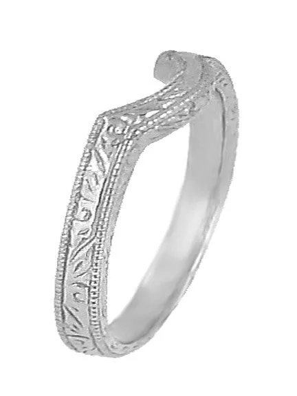 Art Deco Scrolls Engraved Curved Wedding Band in Platinum