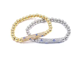 Ashley Gold Stainless Steel Beaded Ball Stretch Assorted CZ Evil Eye Bracelet