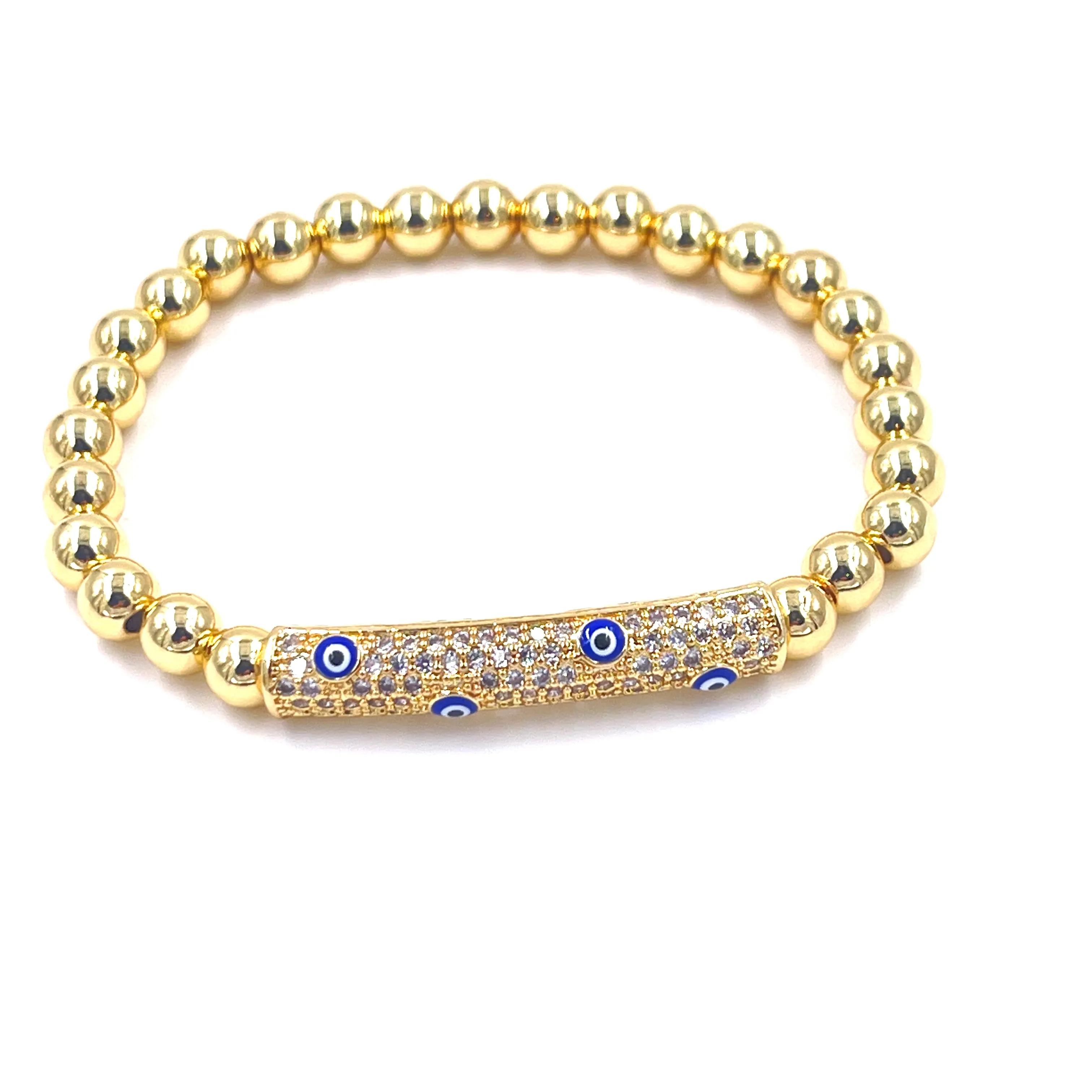 Ashley Gold Stainless Steel Beaded Ball Stretch Assorted CZ Evil Eye Bracelet