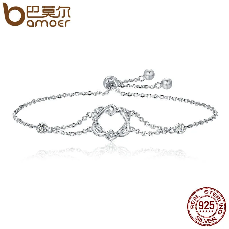 BAMOER Genuine 925 Sterling Silver Twisted Double Heart in Heart Chain Bracelets For Women Authentic Silver Jewelry Gift SCB022