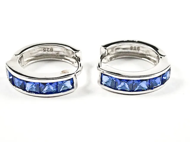 Beautiful Baguette Sapphire Color CZ Silver Huggie Earrings