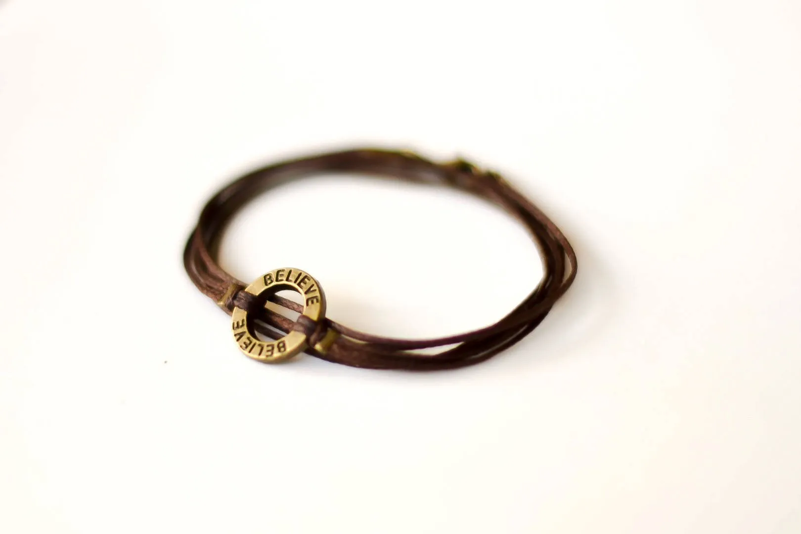 Believe wrapped bracelet for men, bronze charm, brown cord, gift wrapped, Valentine's day gift