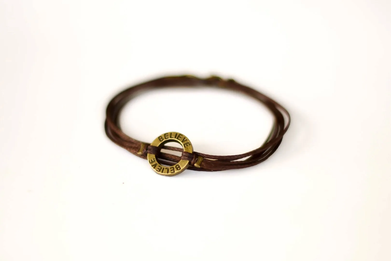 Believe wrapped bracelet for men, bronze charm, brown cord, gift wrapped, Valentine's day gift