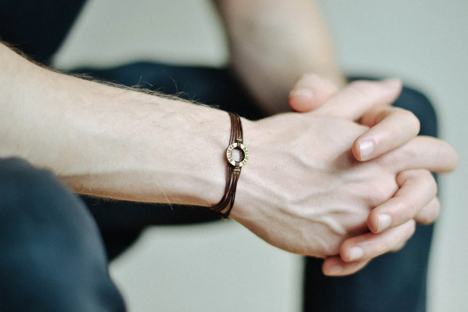 Believe wrapped bracelet for men, bronze charm, brown cord, gift wrapped, Valentine's day gift