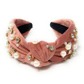 Blush Velour Pearl Jeweled Knot Headband