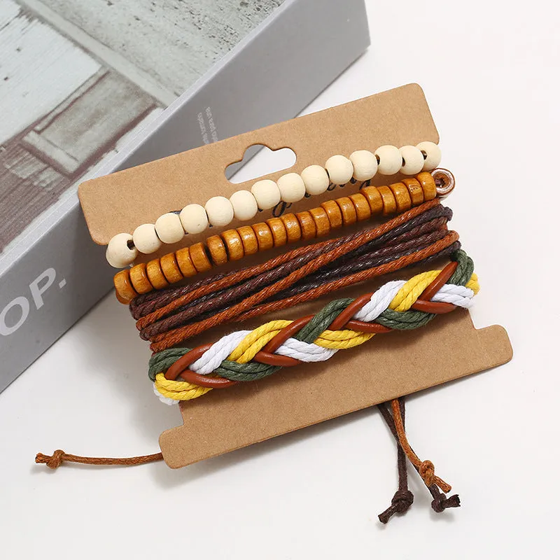 Bracelet Vintage Hand-Woven DIY Four-Piece Set Cattle Leather Bracelet Simple Hemp Rope Carrying Strap