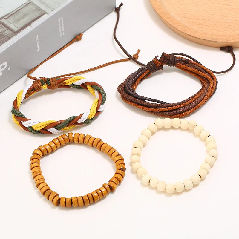 Bracelet Vintage Hand-Woven DIY Four-Piece Set Cattle Leather Bracelet Simple Hemp Rope Carrying Strap