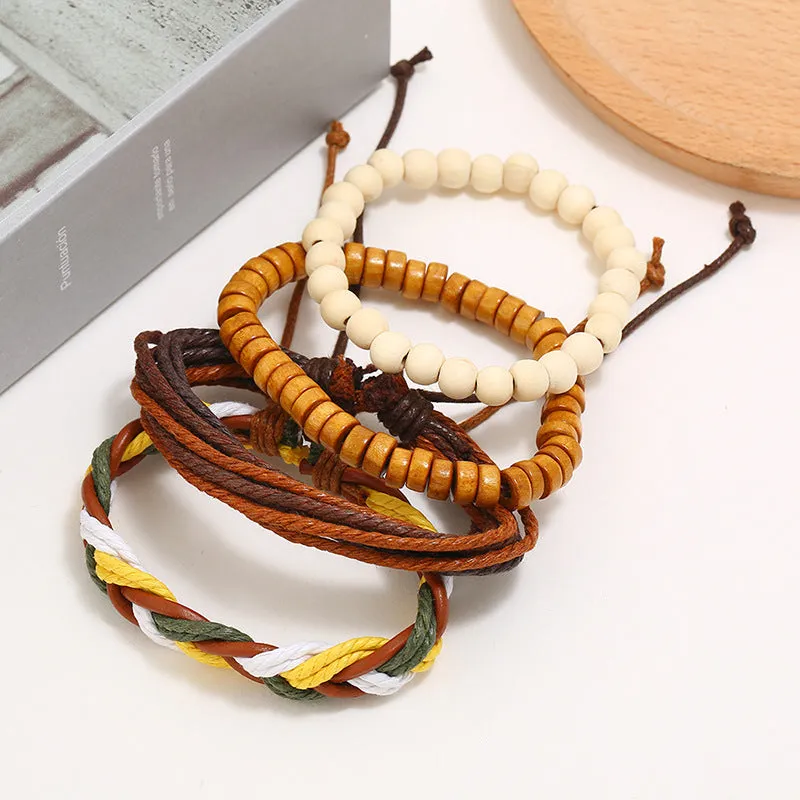 Bracelet Vintage Hand-Woven DIY Four-Piece Set Cattle Leather Bracelet Simple Hemp Rope Carrying Strap