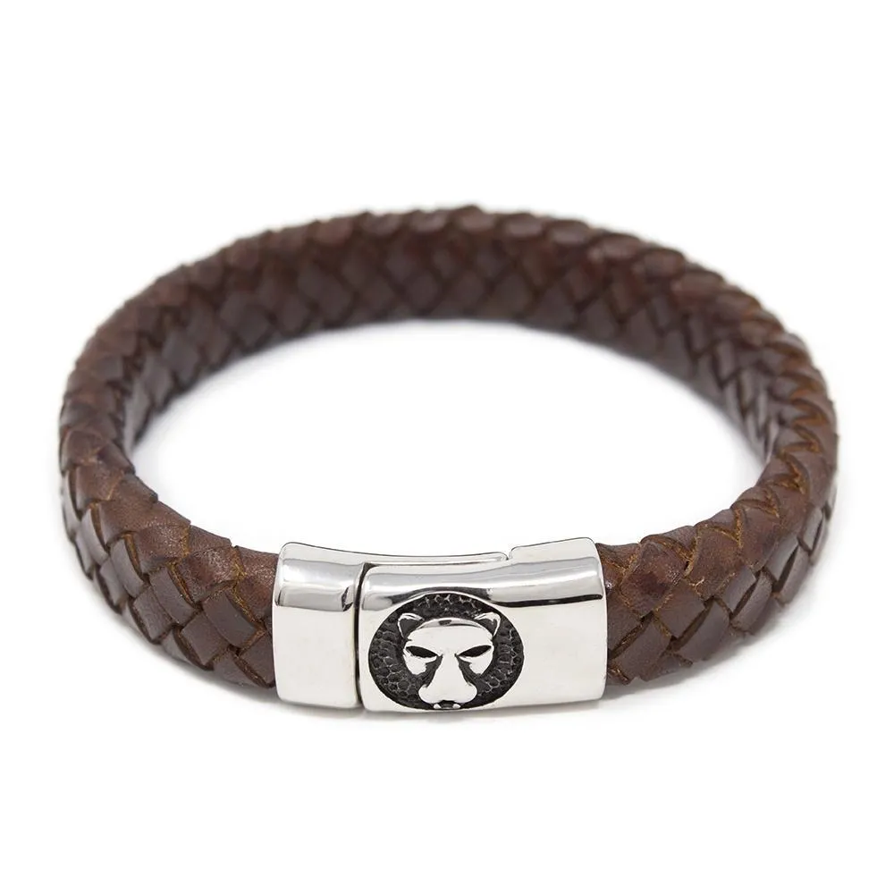 Braided Leather Bracelet with Lion Clasp Brown Large