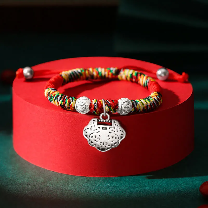 Buddha Stones 925 Sterling Silver Chinese Lock Charm Multicolored Red String Protection Handmade Braided Kids Bracelet