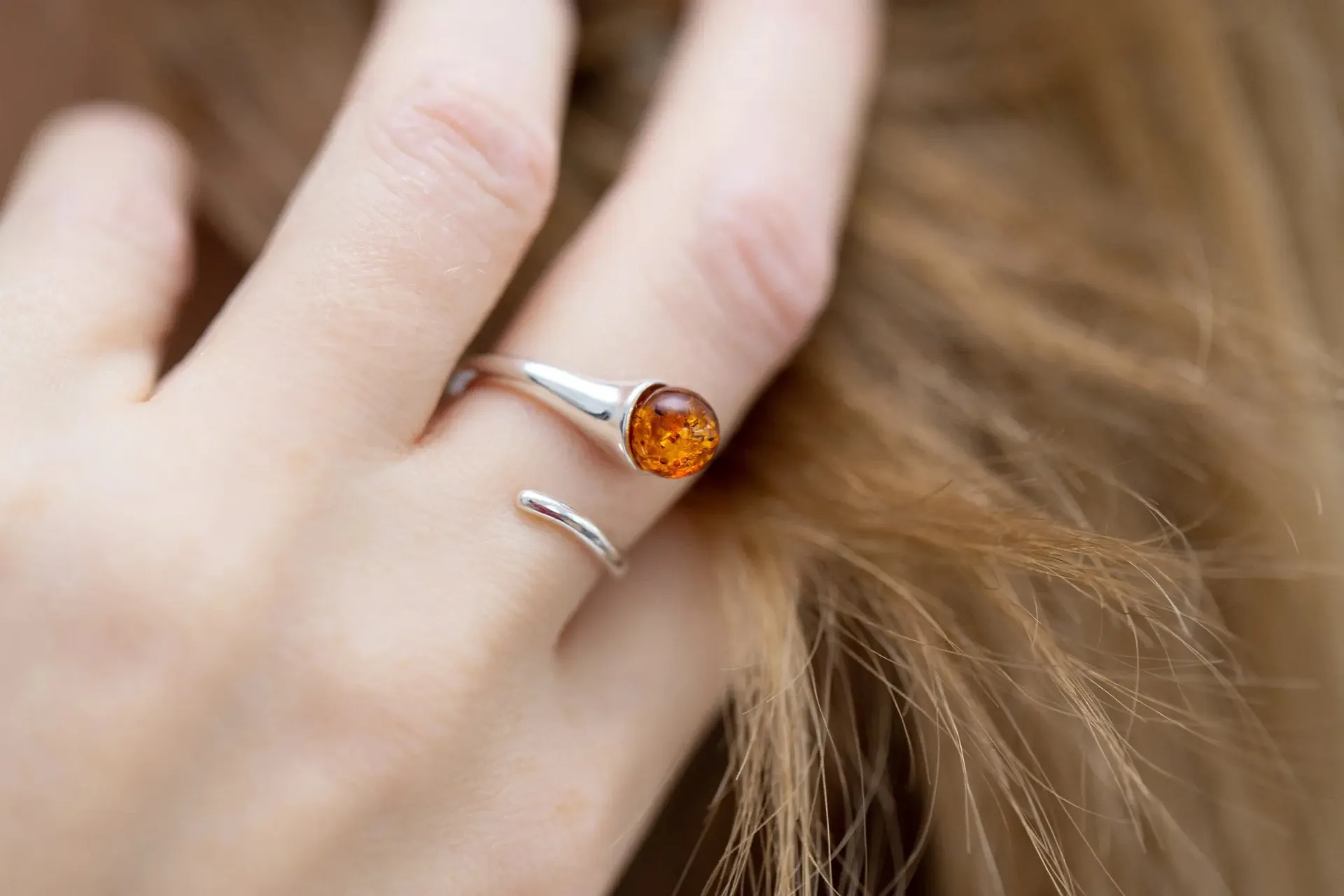 Buy Minimal Amber Wrap Ring - Delicate Sterling Silver Band with Sphere Cut Amber Stone