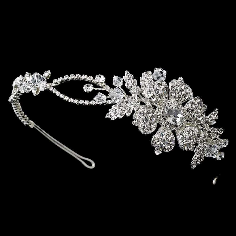 Charming Silver Side Accented Flower Headpiece w/ Crystals & Austrian Crystals