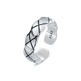 Checkered Vintage Silver Lattice Plain Ring