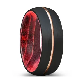 COCIA | Black & Red Wood, Black Tungsten Ring, Rose Gold Groove, Domed