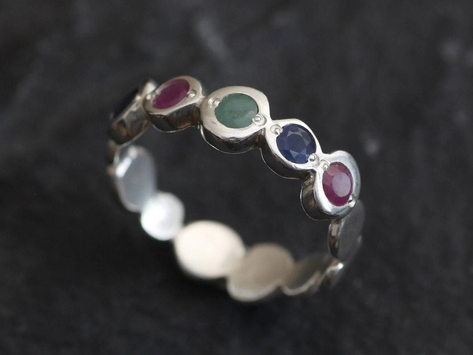 Colorful Multistone Band - Sapphire Ruby Emerald Ring - Red Blue Green Silver Ring