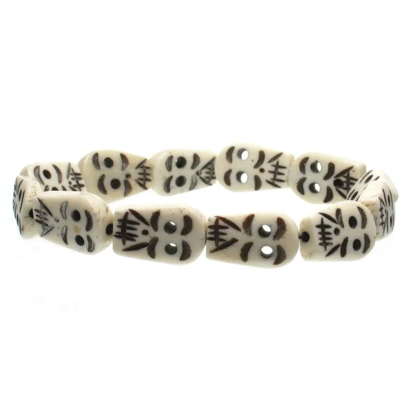 Cow Bone Hand Carved Skull Bead Stretch Bracelet