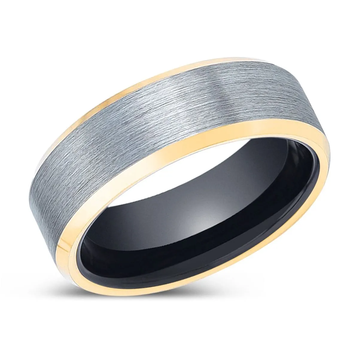 CROW | Black Ring, Brushed, Silver Tungsten Ring, Gold Beveled Edges