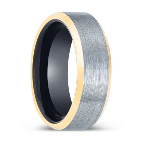 CROW | Black Ring, Brushed, Silver Tungsten Ring, Gold Beveled Edges