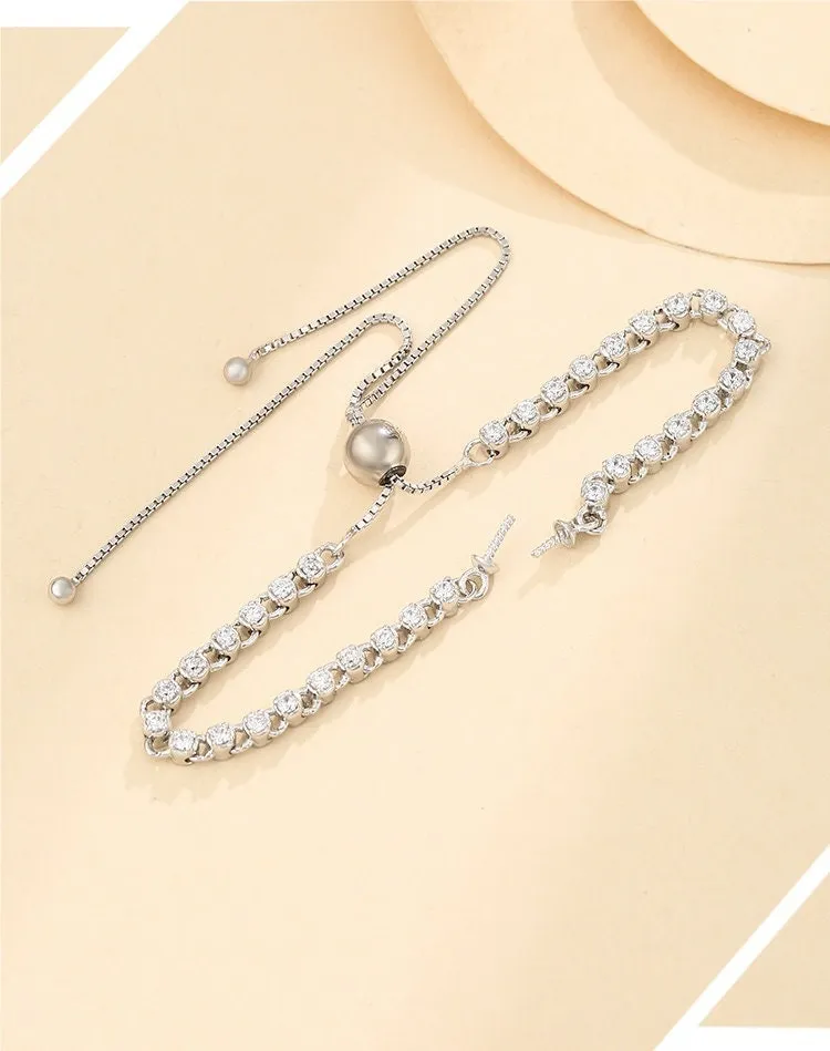 Crystals Pin Chain Bracelet Setting Sterling Silver Rose Gold Fine 925 6-10mm For One Pearl Bead Adjustable Bulk Tray DIY Jewelry Wholesale