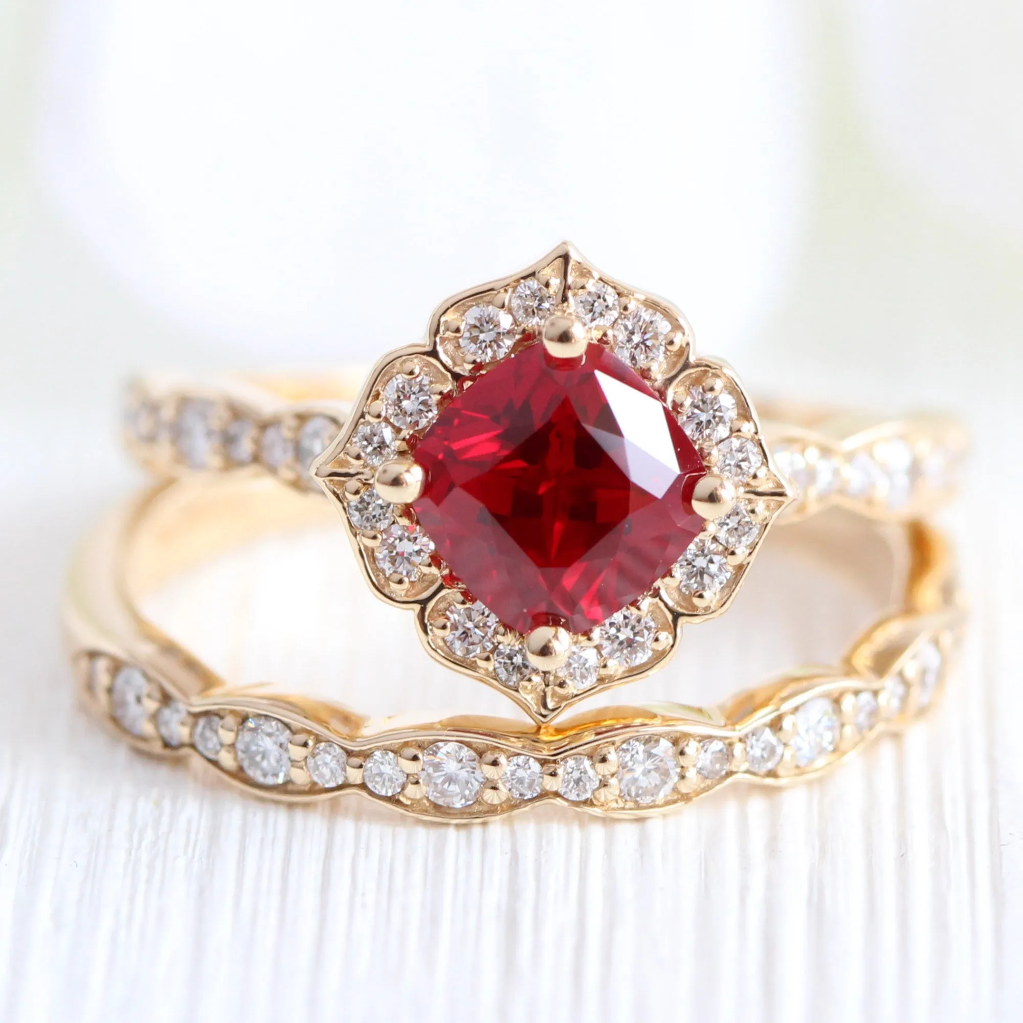 Cushion Ruby and Diamond Ring in Mini Vintage Floral Scalloped Band