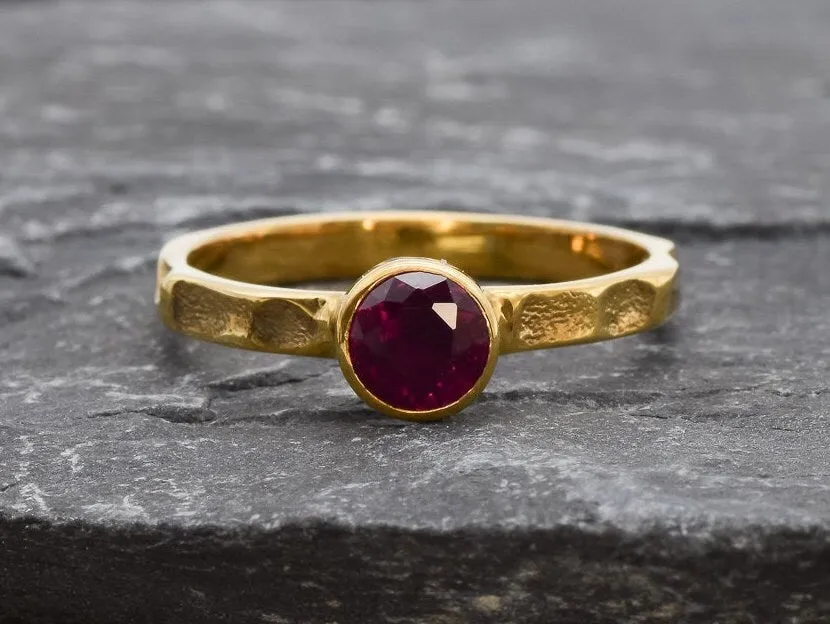 Dainty Ruby Gold Ring - Solitaire Bezel Ring - July Birthstone Ring