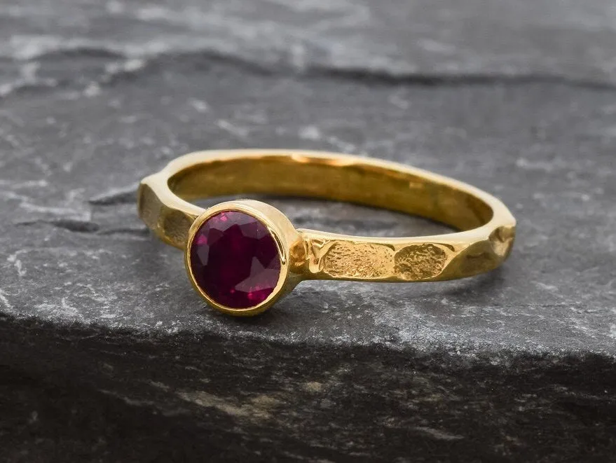 Dainty Ruby Gold Ring - Solitaire Bezel Ring - July Birthstone Ring