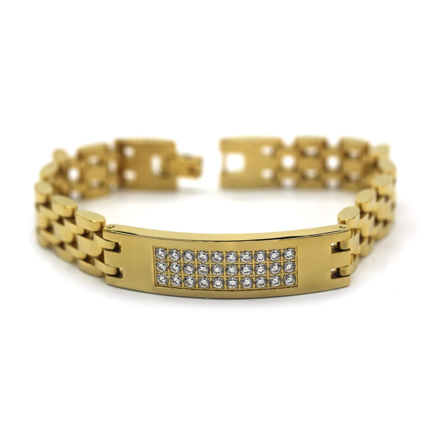 Decorative Men’s Stainless Steel Bracelet Fashion Wrist Band CZ (Gold)