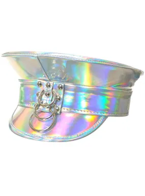 Deluxe Peaked Iridescent Silver Vinyl Cap Festival Hat