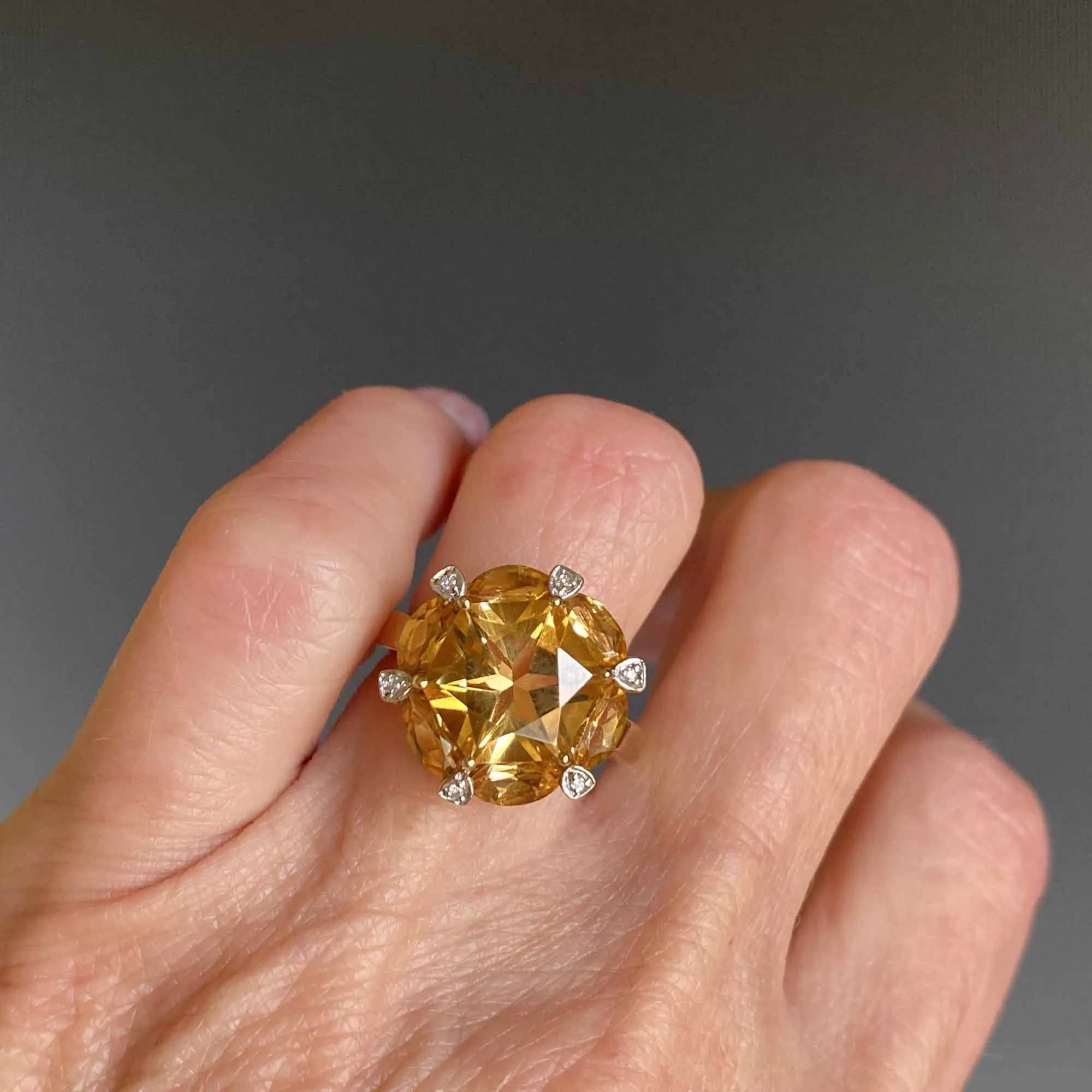 Diamond Hexagon Citrine Ring in 10K Gold