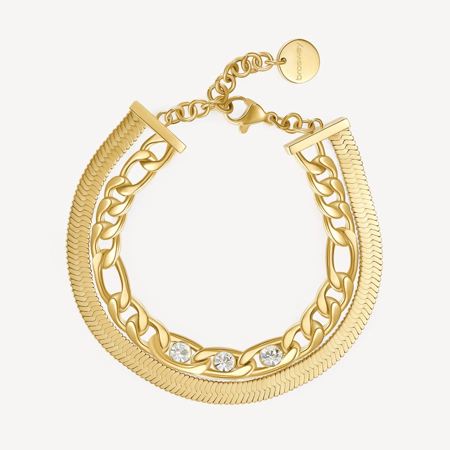 Double-Strand Link Crystal Link and Herringbone Bracelet in Gold Plated Stainless Steel