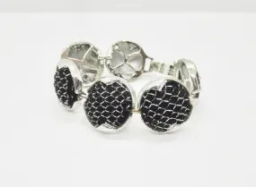 Dramatic Vintage Silver Mesh and Black Panels Bracelet