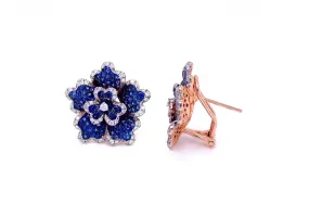 Earrings 18kt Gold Flowers Blue Sapphire & Diamonds