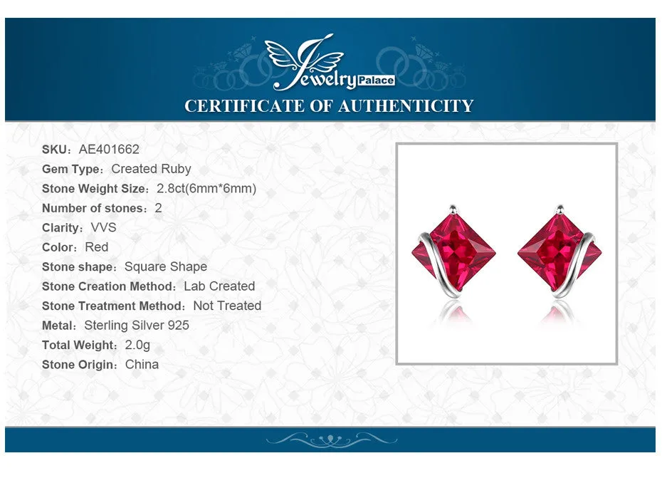 Earrings 2.8ct Created Red Ruby Stud Earrings Charm 925 Sterling Silver