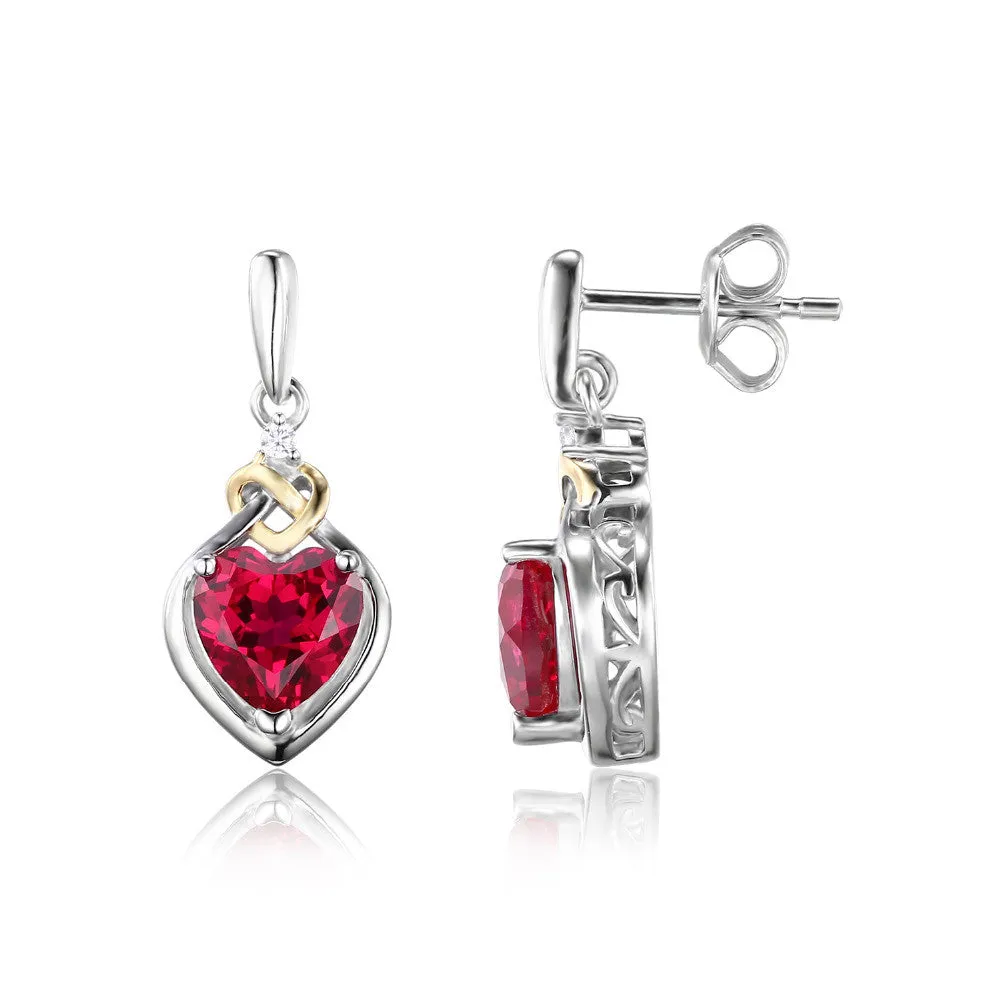 Earrings 3.4ct Created Red Ruby Love Knot Heart Earrings Women 925 Sterling Silver 18K Yellow Gold