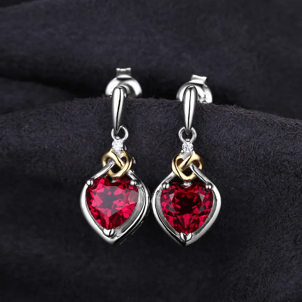 Earrings 3.4ct Created Red Ruby Love Knot Heart Earrings Women 925 Sterling Silver 18K Yellow Gold