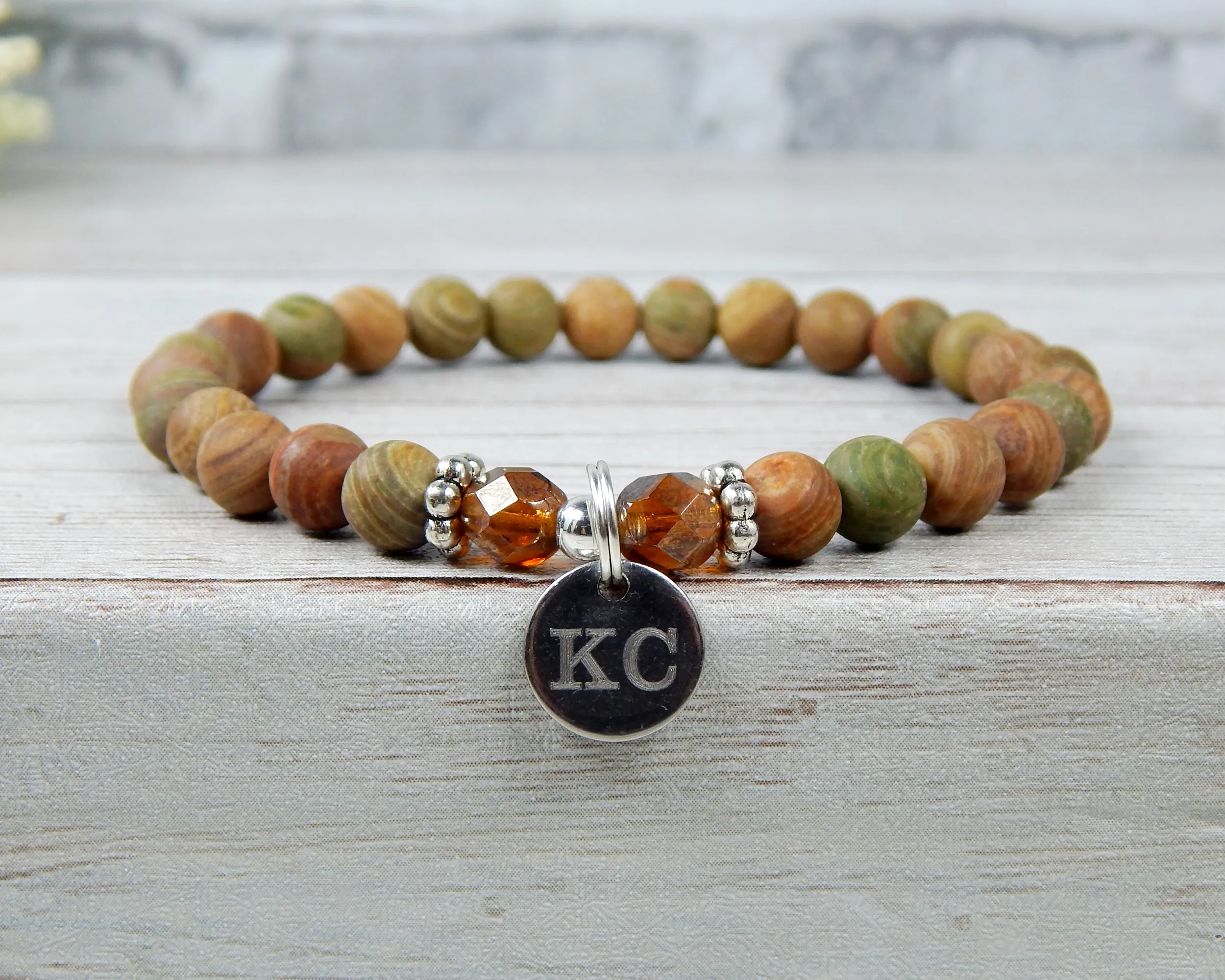 Earthy Engraved Initial Bracelet for Women - Custom Jasper Bracelet - Personalized Jewelry for Women